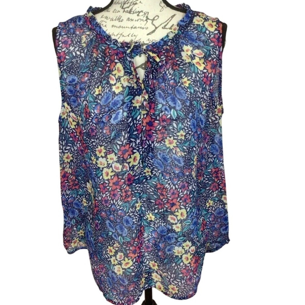 SALE Womens Liz Claiborne Madison Blue Multi Henley Ruffle‎ Tank Sz L